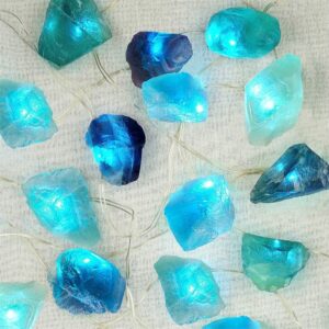 Natural Fluorite String Lights Battery Operated with Remote Sea Glass Raw Stones Decorative Lights 6.5ft 20 LEDs String Lights for Bedroom Party Indoor Christmas Wedding Decor