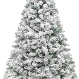 Artificial Christmas Tree, 6ft Unlit Snow Flocked Design Pine Tree, Full Appearance Snowy w/Easy Assembly, Metal Stand