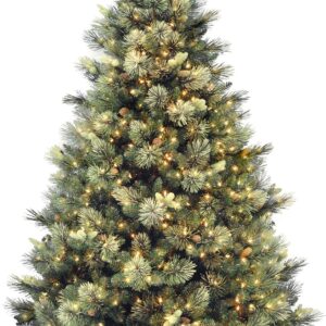 7.5 Foot Artificial Holiday Prelit Christmas Tree w/750 Clear Lights, Pinecones, 1399 Branch Tips and Metal Stand